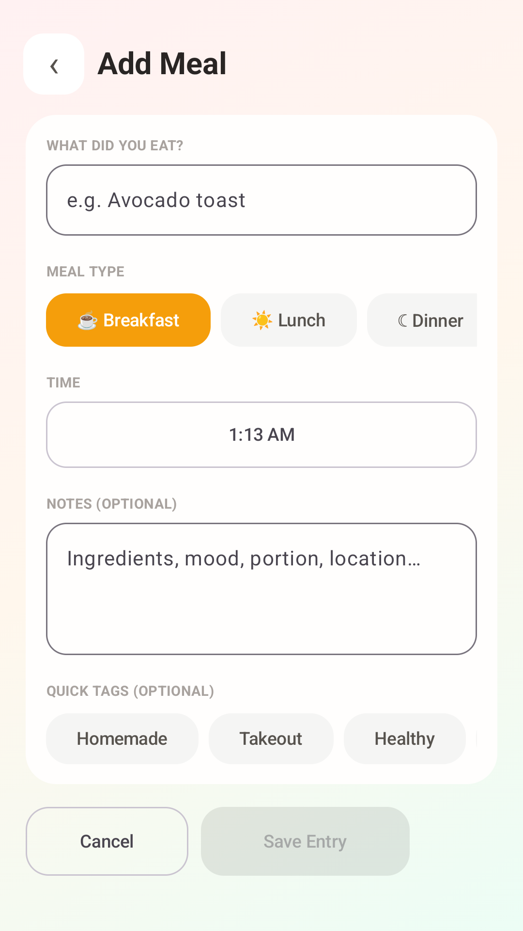 Meal Memo add meal screen