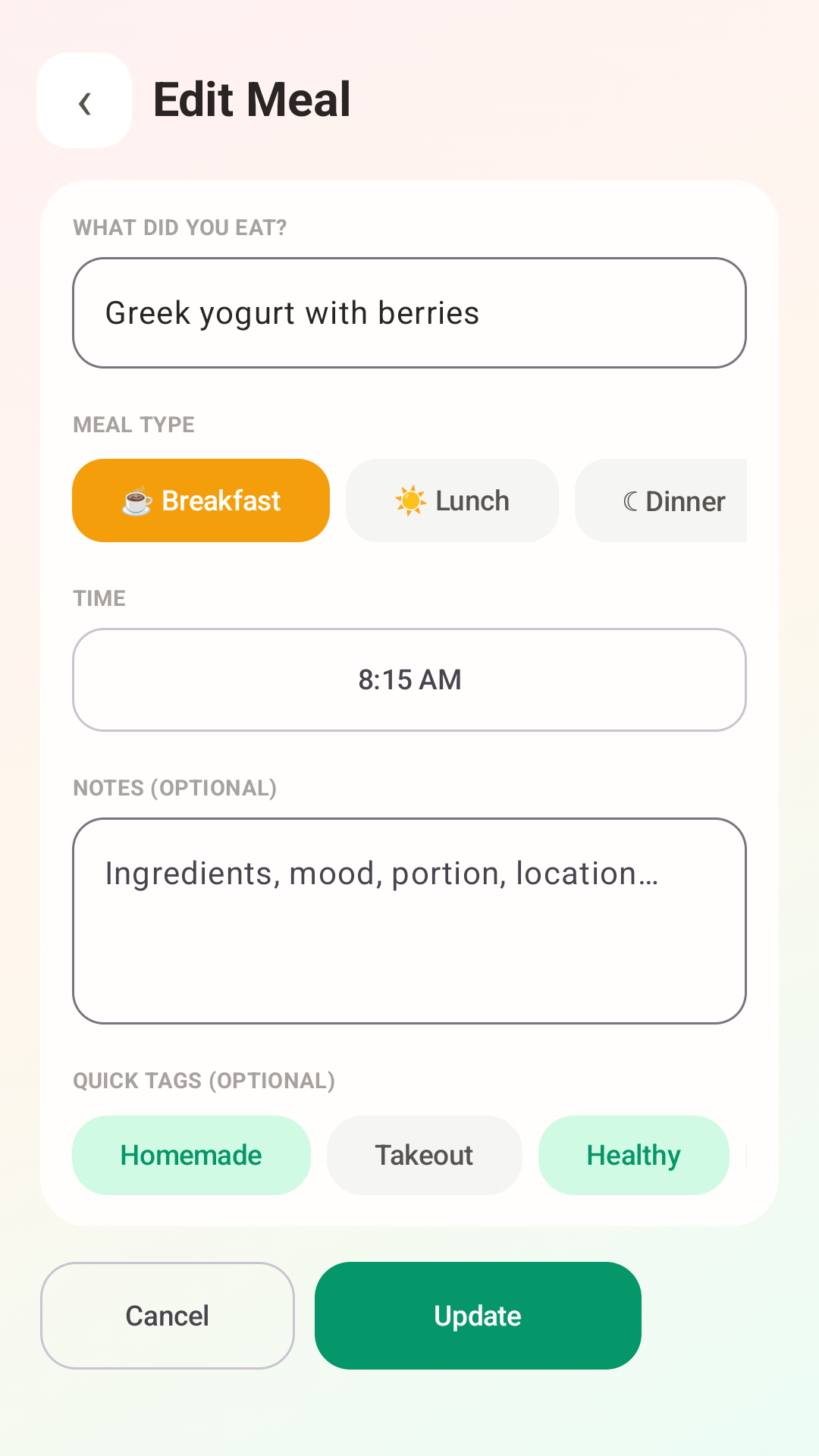 Meal Memo edit meal screen