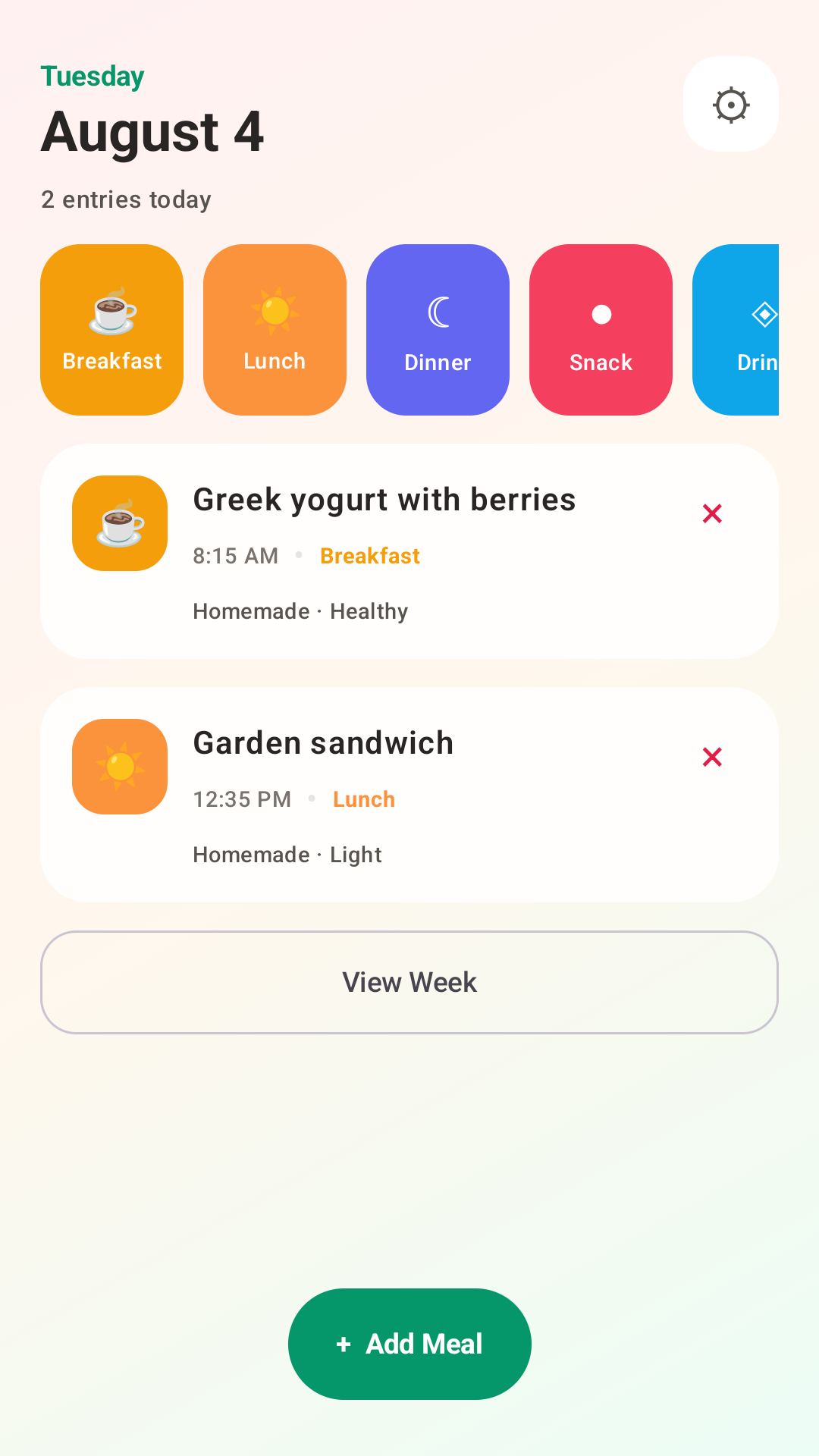 Meal Memo home screen